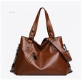Minimalist brown faux leather tote bag with decorative zipper and adjustable strap - 9059 Brown