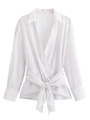 Detail view of the striped wrap shirt featuring a waist tie and wide ribbed cuffs - XS / White Striped