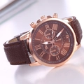Geneva style women's watch with brown leather strap and rose gold Roman dial case - Coffee