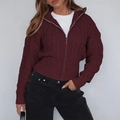 Women's burgundy cable-knit cardigan with silver zipper and minimalist casual styling - S / Burgundy