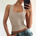Beige ribbed knit yoga tank top with sleeveless design and slim fit style - S / Oatmeal