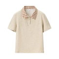 Dettaglio polo in maglia beige con colletto a quadri marroni e bottoni decorativi bianchi - S / Top Giallo Pallido