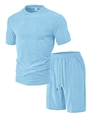 Light blue waffle knit men's short sleeve T-shirt and shorts two-piece summer sports set - S / Light Blue