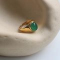 Retro 18k gold plated stainless steel ring with oval green agate gemstone inlay - US 7 / 18K Gold Green Stone