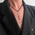 Gothic zwarte kralenketting met zilveren pentagram en Ankh-kruis hanger sieraad - Antiek Zilver (A-68)