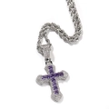 Hip hop silver cross pendant with purple zircon stones on a chunky rope chain - 3mmx24inch / Silver Purple Pendant + Stainless Steel Rope Chain