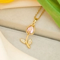 Elegant gold tulip necklace with pink cat eye stone and zircon leaves on velvet box - Pink Tulip / Gold