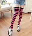 Women's thigh-high cotton socks with classic black and pink stripes and elastic knit - Rose Red Wide Striped