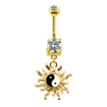 Detailed view of a gold-plated navel ring with crystal stud and Yin Yang sun charm - Gold Gold & White Yin Yang Sun