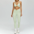 Conjunto de yoga verde claro para mujer con top de cuello halter y mallas en V - S / Sujetador 4514 + Pantalón 4514 - Verde Fruta Claro