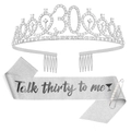 30th birthday set with silver 30 tiara, grey talk thirty to me sash and pearl pin - Sash Tiara Set / Silver Wine Glass Set