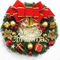 Artificial Christmas wreath with red velvet bow, golden bells, and Merry Christmas sign - Double Bell Gift Pack Style