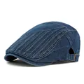 Béret en denim bleu foncé délavé avec sangle en cuir et boucle en laiton réglable - Réglable / Bleu foncé