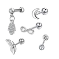 Close-up of a 5-piece silver stainless steel stud set with zircon geometric shapes - Set 18 (Silver/Hamsa Hand/Crescent/Feather)