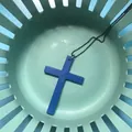 Minimalist blue wooden cross pendant necklace with black metallic bead chain - Blue Cross