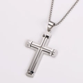 Detail of two-tone stainless steel cross pendant featuring matte and polished finishes - Steel Color With Chain