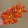 Glossy orange acrylic flower earrings with yellow stamen on silver needles for women - Silver Needle Flower Ear Studs / Orange