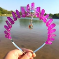 Detailed view of pink crystal crown with gold sun emblem and iridescent teardrop pendant - Purple Red/Sun/AB Colorful Pendant