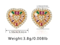 Detailed view of 18K gold plated heart earrings with zircon inlay and dimensions - Multi-Color Trapezoid Zirconia Heart Style (KE1157-1) / 18K Gold
