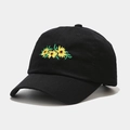 Close-up of a black cotton baseball cap with yellow sunflower embroidery on front - M (56-58cm) / Black