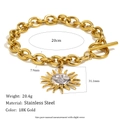 Detail view of 18K gold plated stainless steel sun pendant bracelet with size measurements - Two-tone Sun Pendant OT Buckle Bracelet