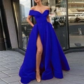 Detail of royal blue off-shoulder satin gown with a sexy V-neckline and high leg slit - US size 2 (S) / Sapphire Blue