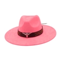 Detail of hot pink felt cowboy hat with silver bull head emblem and black leather band - Rose Pink