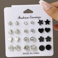 Detail of 12 pairs of geometric fashion earrings set including pearls and stars - 12 Pairs Set - Black White Mixed Geometric