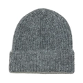 Close-up of grey wool blend knit beanie with sparkling silver sequins and folded cuff - M(56-58cm) / Gray