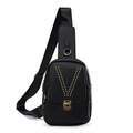 Black leather chest bag featuring gold rivet V-pattern and adjustable strap - Black
