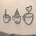 Dreiteilige schwarze Metall-Kaffeetassen-Wandkunst im minimalistischen Linienstil - 3-teiliges Set