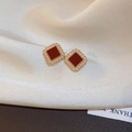 Retro square gold earrings with deep red enamel center and micro pearl halo design - Vintage Square Enamel Pearl (Silver Pin)