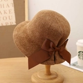 Elegant dark brown straw sun hat with a large satin bow on a wooden display stand - M (56-58cm) / Bowknot Decoration (M2411) / Khaki