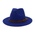 Royal blue wide brim felt panama hat with a brown faux leather belt and fringe detail - Blue