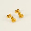 Polished 18K gold plated stainless steel heart stud earrings with butterfly backs - Letter L
