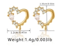Detailed view of heart stud earrings in 18K gold plated brass with white cubic zirconia - Enamel Zirconia Heart Vintage Style (KE1154) / 18K Gold