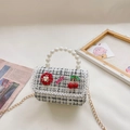Mini plaid crossbody bag for girls featuring pearl handle and cute cherry charms - Small Flower Black