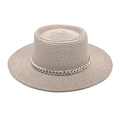 Detail of silver chain accent on wide-brimmed khaki straw hat with woven texture - M(56-58cm) / Light Gray