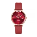 Detailed macro view of the faceted glass crystal on a red leather quartz watch - Red