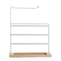 White metal earring stand organizer with multiple tiers and natural wooden base - White
