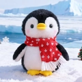 Plush penguin toy with red snowflake scarf in a snowy polar scene setting - Red Small Snowflake Scarf Style / 20cm