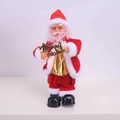 Detail view of musical Santa Claus plush doll with gold vest and Merry Christmas sign - Holding Sign Style