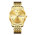 Detail of gold quartz watch face with luminous hands and day-date display window - Full Gold Steel Band Gold Dial