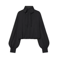 Elegant black puff sleeve blouse with a high neck tie and large bow detail for women - XS / Black