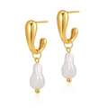 Orecchini moderni con perle barocche placcati in oro 18K con design in metallo fluido - Orecchini pendenti con perle barocche in metallo liquido-KE0758