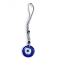 Makroaufnahme von Evil Eye Glasanhänger mit bunter Kordel und silbernen Metallperlen - Stil BE384BU04/Bunte geflochtene Seilaufhängung