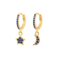 Macro detail of asymmetric gold star and moon hoop earrings with deep blue pavé stones - Blue
