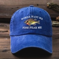 Blue washed cotton baseball cap with Women Want Me Fish Fear Me embroidery on wood table - One Size / Sapphire Blue