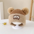Berretto invernale in maglia marrone per neonati con bordo in peluche e orecchie da orso - 2-5 Anni / Lettere OKAY / Marrone