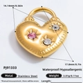 18K gold plated stainless steel heart lock pendant with pink and clear rhinestones - Pink Zirconia Heart / PJ91333